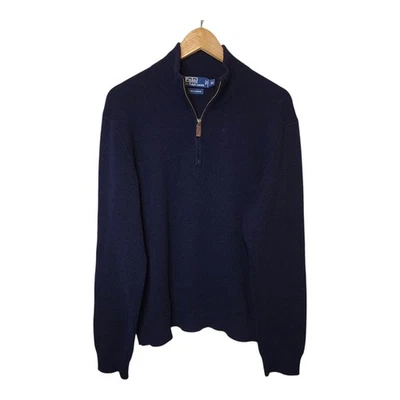 Vtg Polo Ralph Lauren 100% Italian Cashmere 1/4 Zip Sweater Mens L-XL Dark Blue  - Image 1 of 4