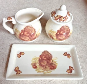 Cracker Barrel Thanksgiving Traditions Ceramic Sugar / Creamer with Tray Turkey - Picture 1 of 15
