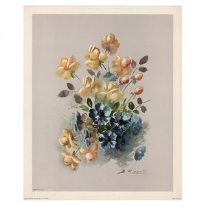 Vintage 1961 Botanical Print Yellow & Blue Flowers Riasni Donald Art Co No. 3444 - Picture 1 of 7