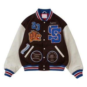 Chaqueta universitaria unisex estilo bombardero retro tigre para hombre lana y cuero - negra/blanca - Imagen 1 de 4