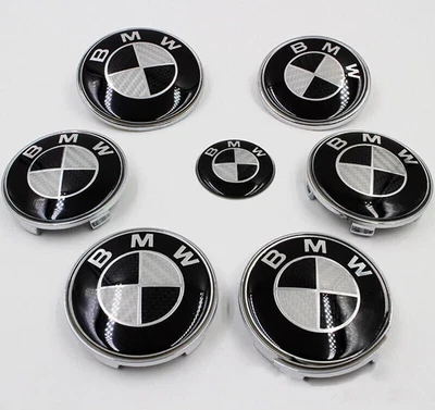 7PCS For BMW Black Grey Emblem Centre Caps Logo Badges 82mm/74mm/68mm/45mm Foto 1 de 4