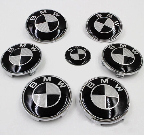 7PCS For BMW Black Grey Emblem Centre Caps Logo Badges 82mm/74mm/68mm/45mm - Image 1 of 4