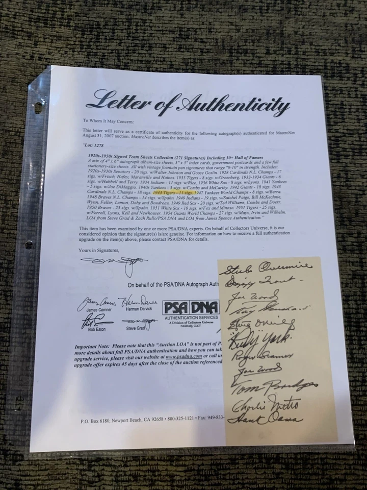 1943 Detroit Tigers Signed Team Sheet 11 Sigs Inc. Joe Wood 2x - Image 1 of 1