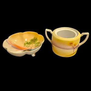 Vintage Noritake Hand Painted Sugar Bowl & Footed Dish Japan Scenic Landscape - Picture 1 of 7