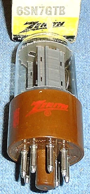 Tubo de vacío Zenith 6SN7GTB 1 NUEVO DE STOCK - Triodo doble de audio base marrón hecho en Canadá Foto 1 de 4