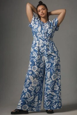 NWT Anthropologie The Somerset Jumpsuit in Blue Floral Linen One-Piece 3X - Image 1 of 4