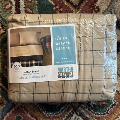 VTG Martha Stewart Everyday Twin Sheet Set 200 Ct Check Tan Fitted Flat Pillow - Image 1 of 4