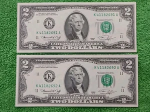 2-Errors-2 Consecutive 1976 $2 Green Seal Federal Reserve Notes-Serial# Shift - Picture 1 of 10