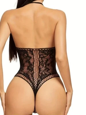Backless Stretch Net High Leg Sexy Ladies Black Halter Neck Teddy Body Suit T80 - Imagem 1 de 4