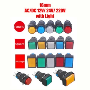 16mm Momentary Push Button Switch with Light DC/AC 12V Self-Lock/Reset Flat Key - Picture 1 of 20