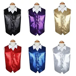 Boys Sequin Waistcoat Wedding Costume Black Red Blue Purple Gold Silver Vest - Picture 1 of 8