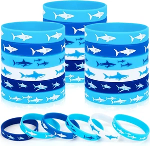 JUNEBRUSHS Shark Party Favors, 42Pcs Ocean Sea Life Shark Silicone Bracelets Rub - Picture 1 of 12