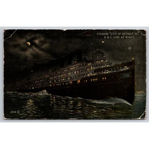 Postcard Antique Steamer City of Detroit III D&C Line at Night Ship c1910 0394 - Picture 1 of 2