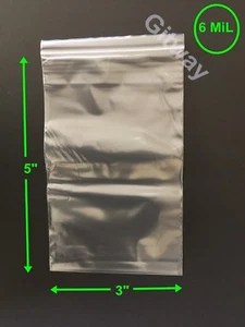 3" x 5" Heavy Duty 6 MIL Resealable Zip Top Lock 3x5" 6 ML Clear Plastic Bags - Picture 1 of 6