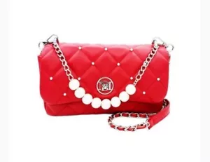 NWT $179 *RED* Badgely Mischka Quilted Faux Leather & Faux Pearl Bag - Picture 1 of 3