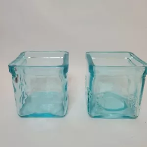 Pair (2) Pressed Glass Votive Candle Holders Aqua Turquoise Square Cube - Picture 1 of 11