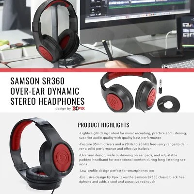 Samson SR360 Over Ear Dynamic Stereo Headphones Headset Wired  - Image 1 of 4