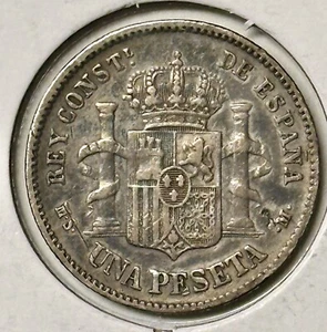 1882 Spain 1 Peseta – Alfonso XII – Silver Coin – Rare Collectible – Low Mintage - Picture 1 of 2