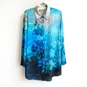 Soft Surroundings Silk JOLENE Blouse Women's sz M Blouse Blue Floral Watercolors - Picture 1 of 11