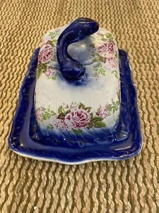 Antique Flow Blue Cheese/Butter Dish And Tray - Picture 1 of 12