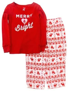 Girls Red Cozy Fleece Christmas Merry & Bright Hearts Sleep Set Pajamas 4 - Picture 1 of 1