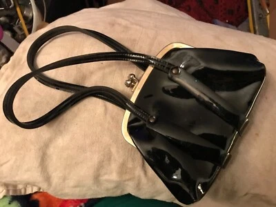 Bolso de mano vintage Mid Century Mod charol NEGRO pequeño cierre para niños Foto 1 de 4