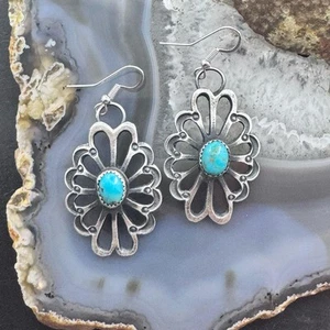 Eva & Linberg Billah Sterling Silver Floral Sandcast w/Turquoise Dangle Earrings - Picture 1 of 10