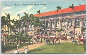 Vintage Hialeah Park Tribüne Eingang Miami Florida Leinen Postkarte - Bild 1 von 2
