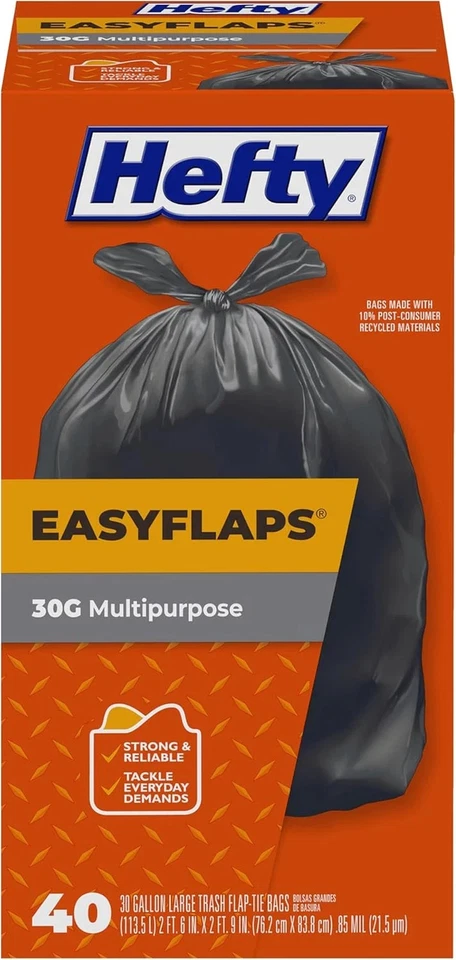 Hefty Easy Flaps Trash Bags 30gal Black 40/box E27744