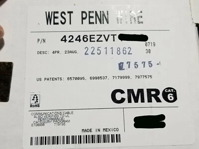 Cable de red elevador West Penn Wire 4246 23/4P CAT6 UTP CMR violeta/100 pies Foto 1 de 4