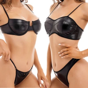 Sexy Traje de Bikini de 2 Piezas de Cuero de Látex Sujetador para el torso con Micro Tanga Lencería - Imagen 1 de 28