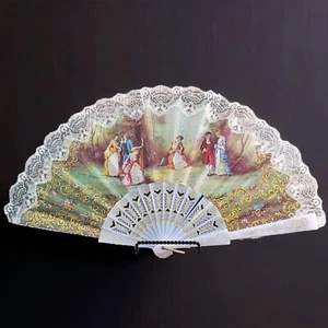 VTG Victorian Style Folding Hand Fan Celluloid Fabric Floral Lace Gilded Spain W - Picture 1 of 10