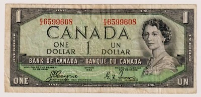 CANADA $1 1954 BC-29a / P-66a  QE II Circulated DEVIL'S FACE 👿  E/A 6599608 - Image 1 of 3