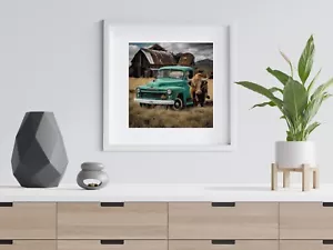 Highlands mucca con un pickup blu motivo punto croce contato - Foto 1 di 5