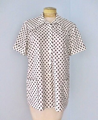 Blusa de Colección Años 60 70 Marrón Punto Poli Bolsillos Esteticista Salón Uniforme Calzoncillo Top 40 Foto 1 de 4