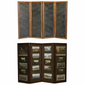 VICTORIAN 193X268CM EMBOSSED LEATHER & WATER COLOUR FOLDING SCREEN ROOM DIVIDER - Picture 1 of 12