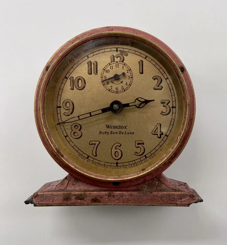 Antique Westclox Baby Ben DeLuxe Alarm Clock Antique 1920s - Pink Crackle Finish Cover
