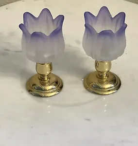Vintage Party Lite Purple Frosted Glass Gold Brass Tea light Candle Holders - Picture 1 of 4