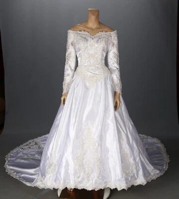 Michaelangelo Vintage 80s 90s White Satin & Lace Wedding Dress sz 14 - Image 1 of 4
