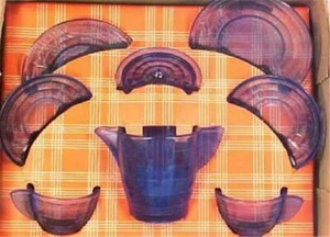 Concentric Ring Tea Set Akro Agate American Maid Cobalt Blue Depression Glass OB - Picture 1 of 5