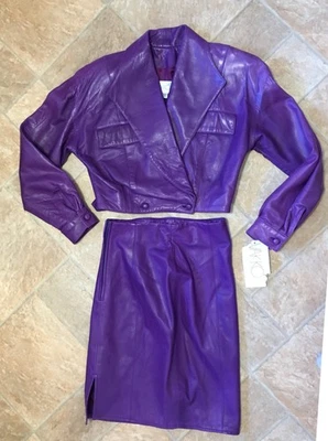 Vtg 80s Vakko Sport Leather Jacket & Skirt Suit Set Purple 6 / 8 NWT sun damage - Image 1 of 4