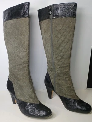 TARYN ROSE Knee High Boots Sugar Size 10 Patent Leather Quilted Suede Black Gray - Image 1 of 4