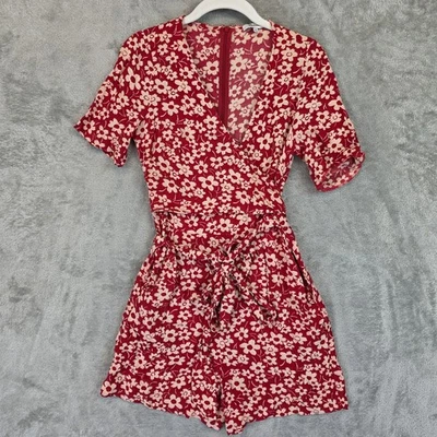 Madewell Romper Womens 2 Red Floral Wrap Front Tie Waist Short Sleeve J4686 - Image 1 of 4