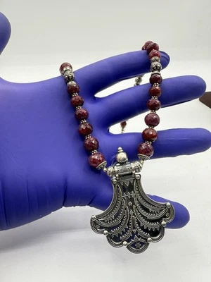 "Collar de cuentas de rubí natural de 179 quilates de plata de ley 925 acabado antiguo de 16-18"" 65,7 g" Foto 1 de 4