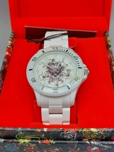 Neu im Karton signierte Ed Hardy Uhr Skelett Zifferblatt Datum weißes Gliederband 8,5" benötigt Batterie - Bild 1 von 7