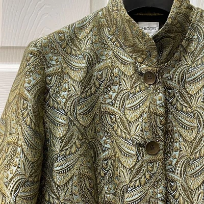 Chico's Green Paisley Women's Size 1 (Medium 8) Mandarin Collar Jacket Metallic - Image 1 of 4