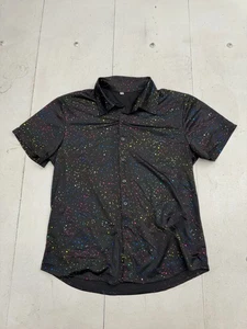 Shein Solid Black Colorful Print Button Up Short Sleeve Shirt Mens Size Small - Picture 1 of 5