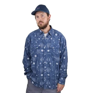 Vtg Patagonia Rhythm Western Pearl Snap Shirt Mens L Blue Highball Bandana L/S - Picture 1 of 11