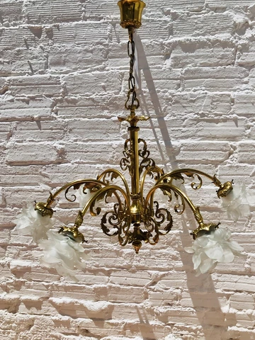 Antique Cast Bronze CHANDELIER Frosted Glass Shades Rose / Flower Motif, French Cover