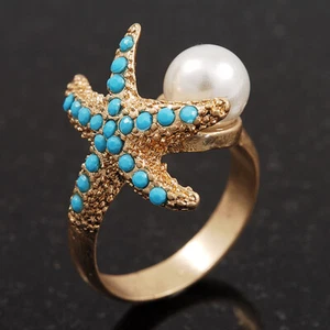 Turquoise Coloured Acrylic Bead 'Starfish' & Simulated Pearl Gold Matte Ring - Picture 1 of 4